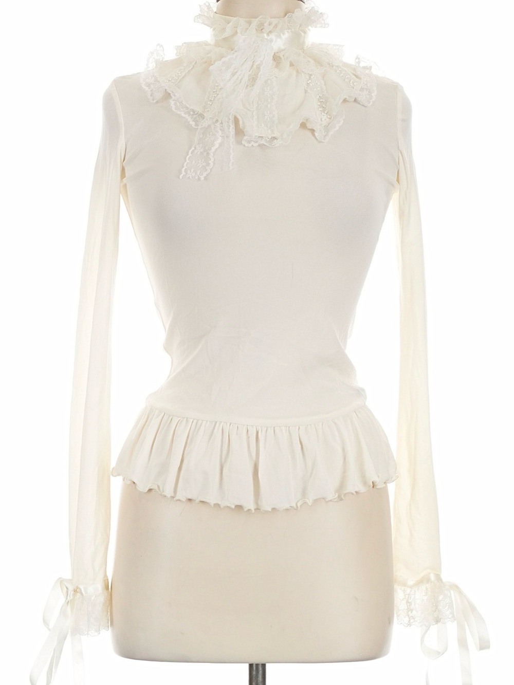 Widow Cream Ruffled Long-Sleeve Top with Lace Neck collar M